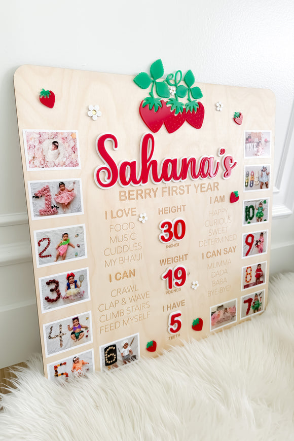 Baby First Birthday Monthly Photo & Stats Plaque - Strawberry