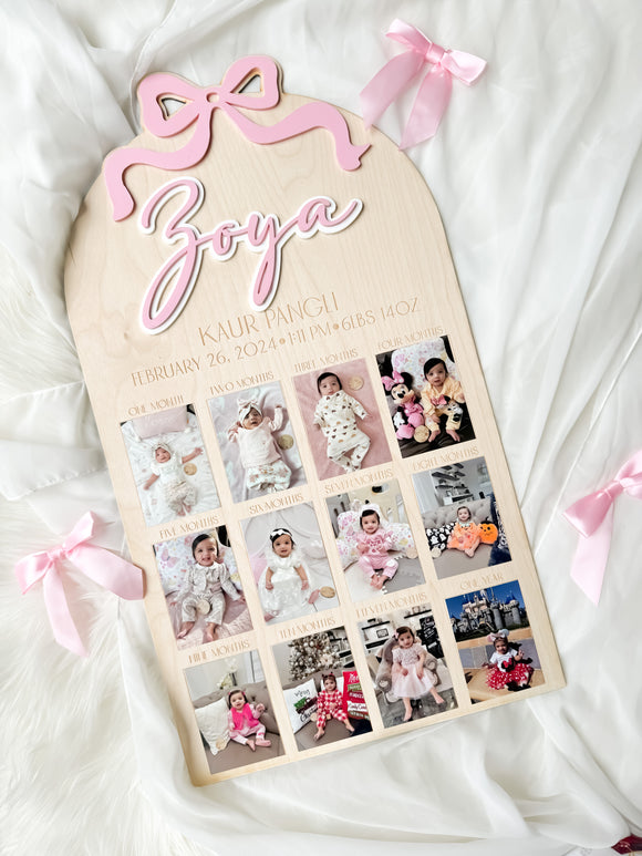 Baby First Birthday Monthly Photo Plaque - Bow Theme