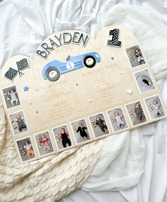 Baby First Birthday Monthly Photo & Stats Plaque - Race Theme
