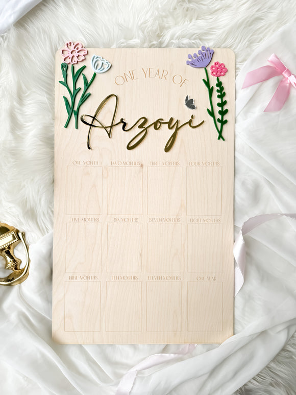 Baby First Birthday Monthly Photo Plaque - rectangular floral