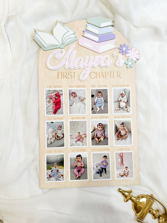 Baby First Birthday Monthly Photo Plaque - First Chapter