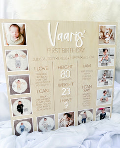 Baby First Birthday Monthly Photo & Stats Plaque
