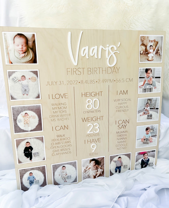 Baby First Birthday Monthly Photo & Stats Plaque